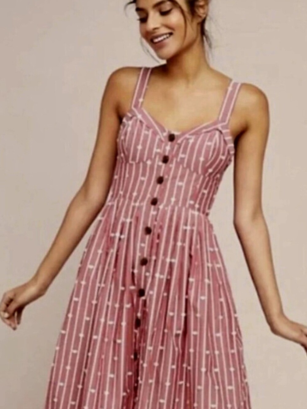 Maeve Heather Red & Ivory Sleeveless Button Front Hudson Midi Dress, Size 2